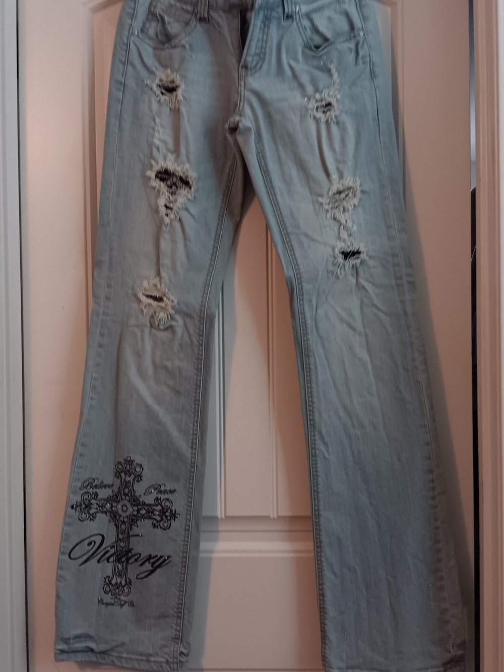 Cowgirl Tuff Victory Distressed Boot Cut Jeans with Black Cross Graphic
